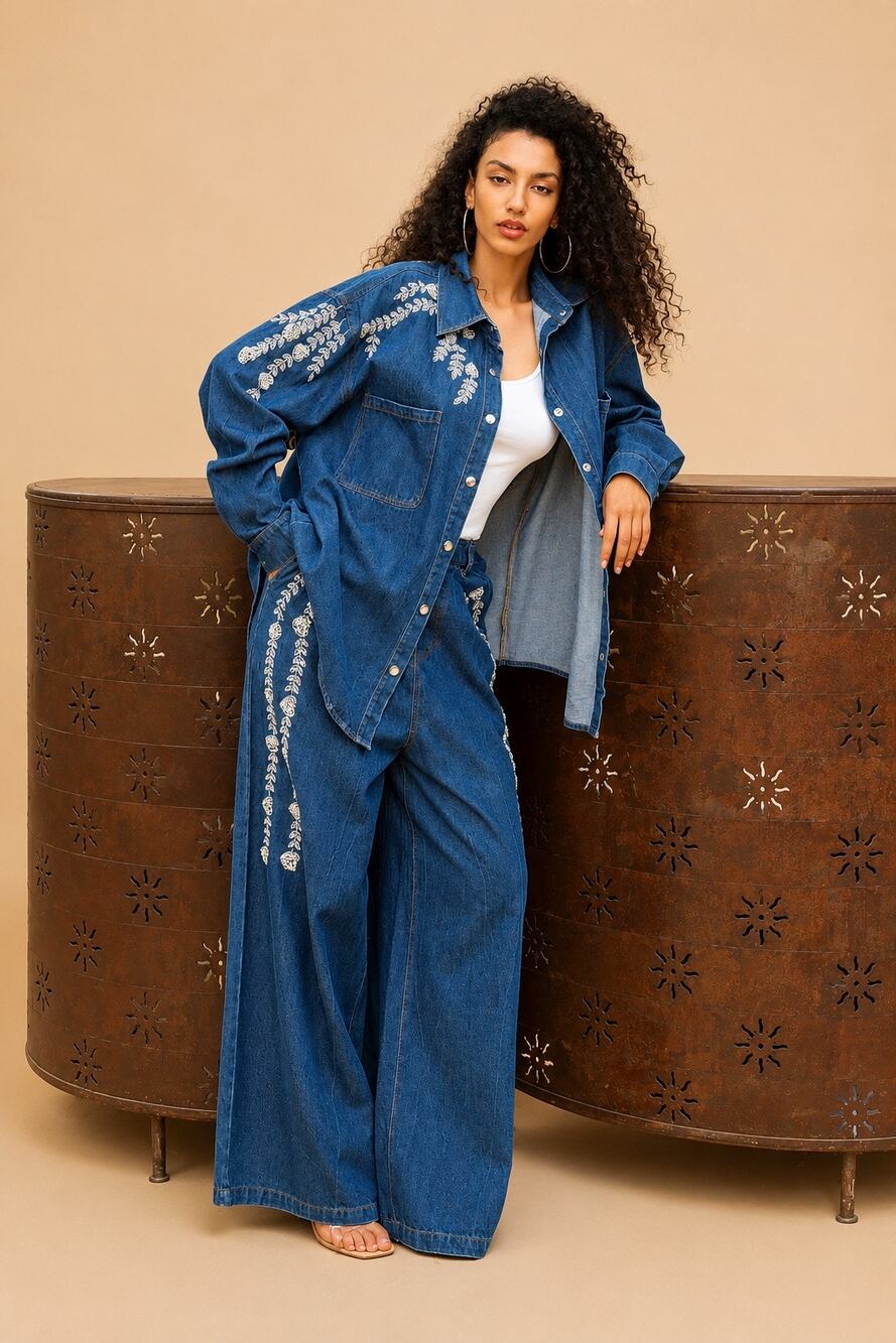 Gold & Silver Paris Success Embroidered Dark Denim Set